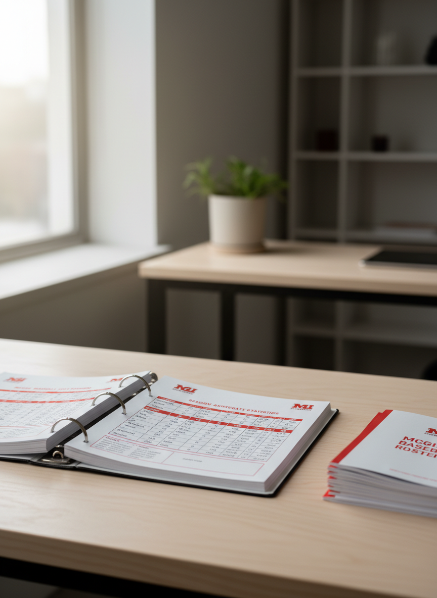 A well-organized open binder displaying printed McGill Baseball game box scores and aggregate statistics sheets for a selected season. The pages feature clear, structured tables with red accents echoing the McGill team colors, resting on a pale wood desk beside a neatly stacked set of current and past season rosters. The environment is a quiet study or office space, with balanced, neutral-toned surfaces and a sleek, minimal backdrop. Natural daylight flows in from a nearby window, lending a soft, professional brightness without harsh shadows. The mood is studious and authoritative. Captured from a slightly overhead, angled perspective, the sharp depth of field keeps all statistics legible for a direct, corporate educational style.