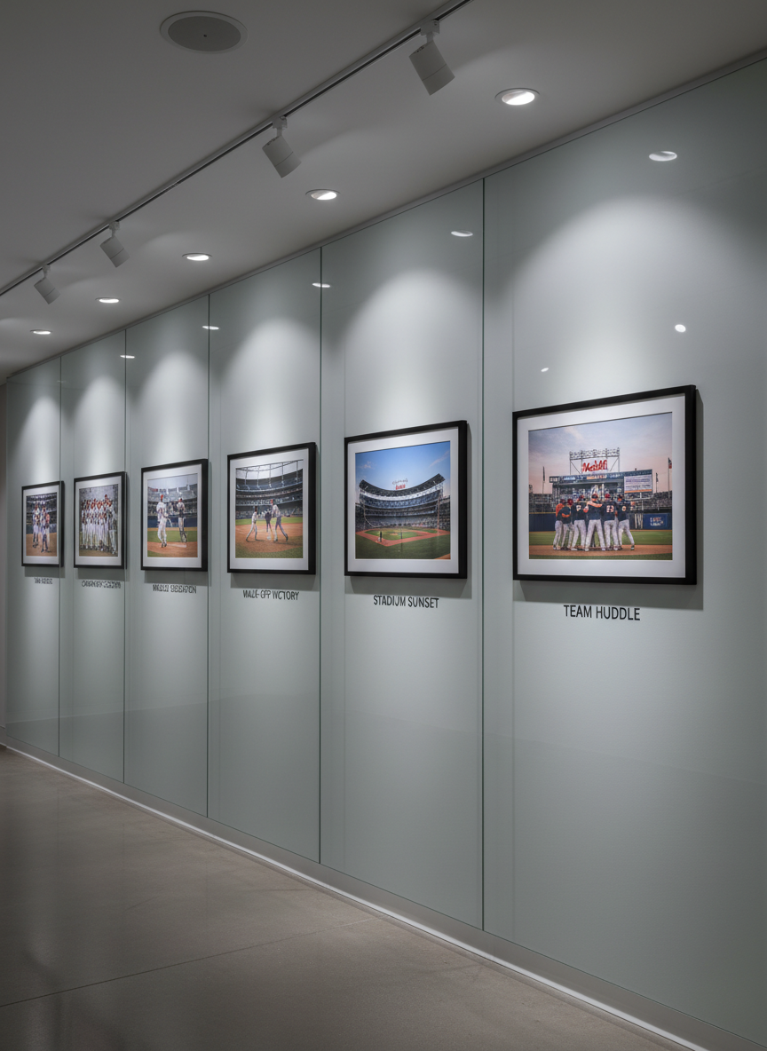 A contemporary, glass-fronted display wall featuring framed panoramic photographs of McGill Baseball team moments—celebratory group shots, classic game-winning plays, and iconic stadium views. Each photograph is bordered by clean, matte black frames and labeled with structured, sans-serif titles beneath. The display sits within a neutral, softly lit corridor with smooth, light grey walls. Gentle recessed ceiling lights highlight each image, adding elegant spots of light and subtle shadowing. The composition is straight-on, capturing the length of the display for visual rhythm and cohesiveness. The image combines photographic realism with a minimalist approach to reflect the site’s corporate, professional personality.