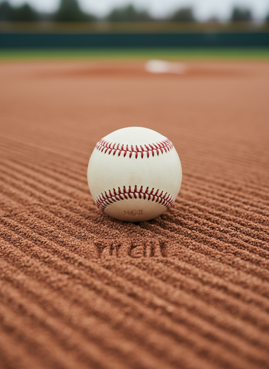 A close-up of a regulation baseball resting atop a neat, smooth infield dirt mound at McGill University’s baseball diamond. The baseball features pristine red stitching and a subtle off-white leather surface showing faint, authentic scuff marks. Around the ball, the well-groomed dirt reveals intricate rake lines. Soft, diffused overcast daylight allows for evenly lit detail and muted shadows, highlighting textures and craftsmanship. The mood is focused and composed, with the photograph composed at an eye-level macro perspective, centering the ball within a minimalist frame. This realistic, professionally lit image emphasizes authenticity and attention to detail, fitting an educational sports site’s structured, corporate tone.